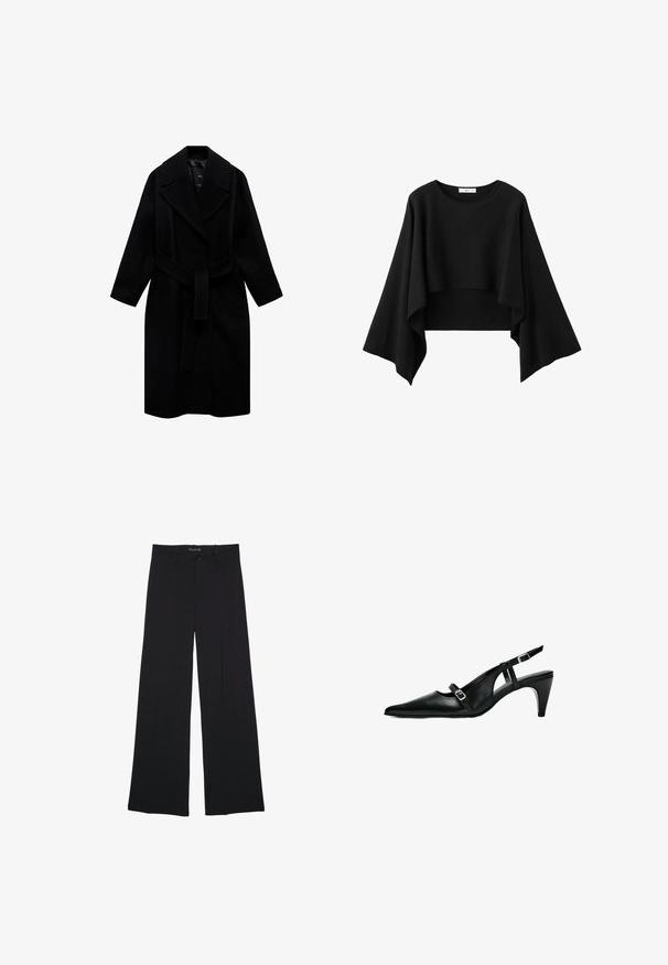Manteau noir en laine avec un col cranté, une taille ceinturée et une coupe mi-longue. Présente des manches longues et une texture lisse.; Haut noir court avec de larges manches longues fluides et un col rond, en tissu doux.; Pantalon noir à jambes larges avec passants de ceinture, bouton frontal et fermeture éclair, étalé à plat sur un fond blanc.; Escarpin en cuir noir à lanière avec un bout pointu, sangle de cheville réglable avec une boucle en argent, et un talon modéré en forme de cône.