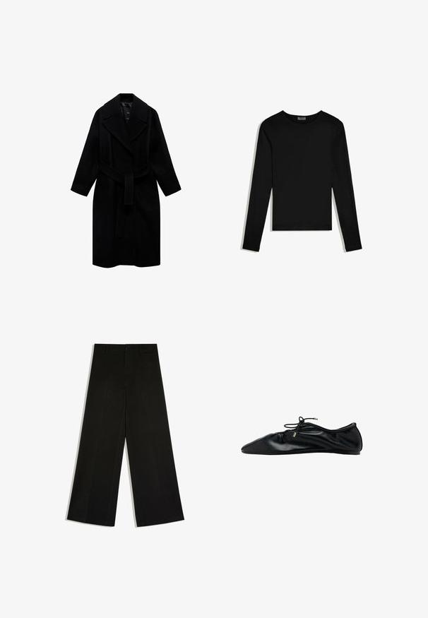 Manteau noir en laine avec un col cranté, une taille ceinturée et une coupe mi-longue. Présente des manches longues et une texture lisse.; T-shirt noir à manches longues avec col rond, design épuré, posé à plat sur un fond blanc.; Pantalon noir à jambes larges avec passants de ceinture, fermeture devant par bouton et zip, posé à plat sur fond blanc.; Ballerine plate en cuir noir avec bout froncé et lacet à nouer orné d'embouts métalliques, vue latérale minimaliste et élégante.