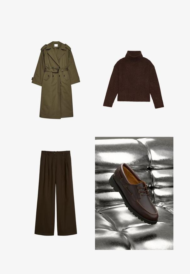 Lange olijfgroene trenchcoat met dubbele knopen, brede revers, schouderepauletten, een ceintuur in de taille en klepzakken.; Bruine geribbelde coltrui met lange mouwen en een cropped silhouet, met een dikke, gestructureerde brei ontwerp.; Donkerbruine broek met wijde pijpen, plooien, knoopsluiting en riemlussen, plat liggend op een witte achtergrond.; Bruine leren bootsschoen met een zwarte rubberen zool, rustend op een glanzend metallic zilveren, gekussioneerd oppervlak.