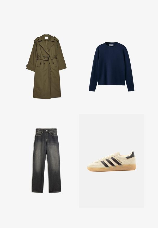 Lang olivengrøn trenchcoat med dobbeltbrystede knapper, brede revers, skulderepauleter, taljebælte og klaplommer.; Marineblå langærmet sweater med rund hals, ribstrikket krave, lige kant og enkel, ensfarvet struktur.; Mørk vask denim jeans med en afslappet pasform, der har lige ben, synlige sømme og en falmet gradient effekt på forsiden.; Kremfarvet ruskindssneaker med sorte striber, gummisål, sort hælstrop og gyldent "SPEZIAL"-tekst på siden.