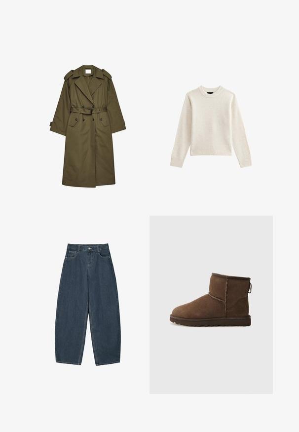 Lange olijfgroene trenchcoat met dubbele knopen, brede revers, schouderepauletten, een ceintuur in de taille en klepzakken.; Lichtbeige gebreid sweater met een geribbelde ronde hals en zoom, voorzien van lange mouwen en een ontspannen silhouet. Zachte textuur en minimalistisch ontwerp.; Donkerblauwe denim wijde broek met hoge taille, voorzien van vijf zakken en zichtbare stikseldetails. Schoon, minimaal ontwerp.; UGG CLASSIC MINI II - Snowboots - dusted cocoa