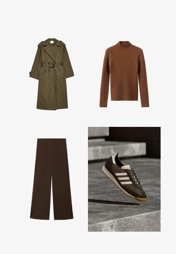 Langer olivgrüner Trenchcoat mit doppelreihigen Knöpfen, breiten Revers, Schulterepauletten, einem taillierten Bund und Klappentaschen.; Brauner, gerippter Strickpullover mit hohem Kragen und langen Ärmeln. Die Textur ist weich und weist durchgehend gleichmäßige vertikale Streifen auf.; Weite Hosen aus einem glatten, dunkelbraunen Stoff. Sie haben einen hohen Bund und ein minimalistisches Design ohne Verzierungen.; Brauner Sportschuh mit hellbeigen Streifen, Veloursleder- und Mesh-Material, strukturierter Oberseite, Schnürdesign und Laufsohle aus Gummibelag.