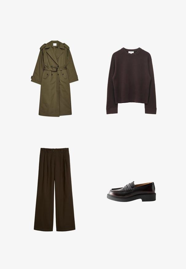 Gabardina larga de color verde oliva con botones de doble botonadura, amplios solapas, epaulettes en los hombros, cintura con cinturón y bolsillos con solapa.; Suéter marrón oscuro de punto, de manga larga con cuello redondo, con puños, dobladillo y cuello acanalados, mostrado plano sobre un fondo blanco.; Pantalones de pierna ancha de color marrón oscuro con pliegues, cierre de botón y pasadores para cinturón, mostrados planos sobre un fondo blanco.; Mocasín de cuero marrón oscuro con correa para moneda, detalle de costura y suela gruesa de goma negra, mostrado de lado sobre fondo blanco.