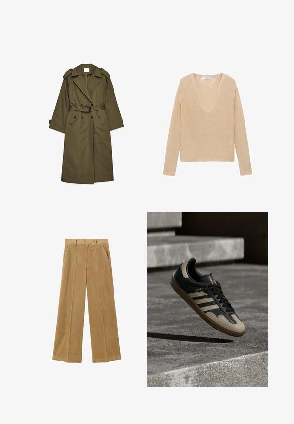 Lang olivengrøn trenchcoat med dobbeltbrystede knapper, brede revers, skulderepauleter, taljebælte og klaplommer.; Beige strikket sweater med dyb V-udskæring, lange raglanærmer og en tekstureret overflade. Diskret glans tilføjer visuel interesse til stoffet.; Lysbrune fløjl bukser med vidde ben, som har sidelommer og lodrette ribber for tekstur. Skræddersyet talje afslutter looket.; Sort og beige lædersneaker med tre hvide striber, tanfarvet gummisål og gyldent "Samba"-detalje på siden.