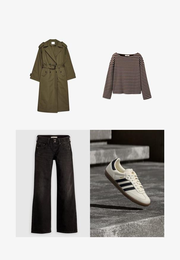 Lang olivengrøn trenchcoat med dobbeltbrystede knapper, brede revers, skulderepauleter, taljebælte og klaplommer.; Brun langærmet skjorte med hvide vandrette striber og en bred rund halsudskæring, vist mod en hvid baggrund.; Sorte bukser med vide ben og en let falmet finish, med forlommer, lynlås foran og knaplukning. Fremstillet af denimstof.; Hvid Adidas Samba sneaker med sorte striber og gummsål, svævende over teksturerede grå betonstrin.