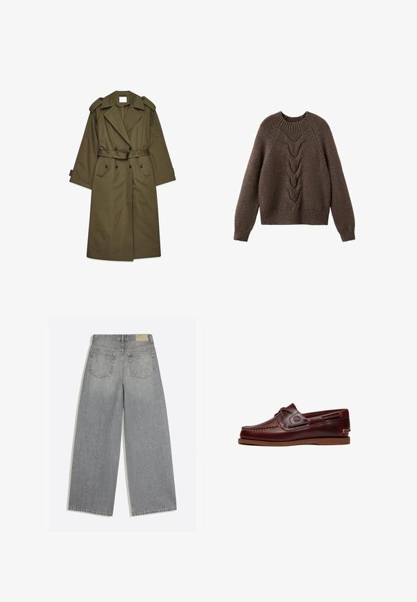 Langer olivgrüner Trenchcoat mit doppelreihigen Knöpfen, breiten Revers, Schulterepauletten, einem taillierten Bund und Klappentaschen.; Brauner Strickpullover mit rundem Halsausschnitt, langen Ärmeln und einem Zopfmuster, das die Vorderseite hinunterläuft. Gerippter Saum und Bündchen.; Graue Jeans mit weitem Bein, Rückseite mit zwei Taschen und Gürtelschlaufen, flach auf weißem Hintergrund liegend.; Brauner Leder-Bootsschuh mit Schnürsenkeln, Nahtdetails und Timberland-Logo an der Seite, auf weißem Hintergrund gezeigt.