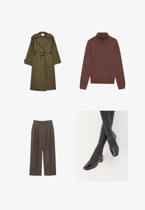 Pikk oliivroheline trench-kate, millel on topelt-nööbid, laiad kraed, õlavarre kõrvatükid, vöödiga talje ja klapptaskud.; Pruun kaelus-sweater pikka varrukatega. Valmistatud pehmest, tekstureeritud kangast. Omab madalat kaelust ja vabamat lõiget.; Pruunid kõrge talje ja laia säärega püksid vööaasade, esikokkude ja küljetaskutega, valgel taustal.; Burgundia nahast Mary Jane kingad musta läikiva varbaga ja õhukese pealehüppestrapiga; kantud tumedate hallide soonikkoes sokkidega. Madal ploki konts.