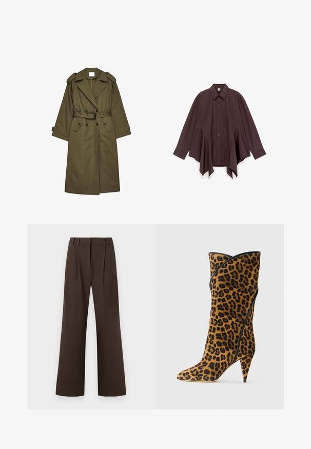 Lange olijfgroene trenchcoat met dubbele knopen, brede revers, schouderepauletten, een ceintuur in de taille en klepzakken.; Bruine oversized blouse van gladde stof, met een spitse kraag, een volledige knoopsluiting aan de voorkant en een asymmetrische zoom met zijopeningen.; Bruine wijd uitlopende broek met een hoge taille, voorzien van plooien aan de voorkant, gemaakt van een gladde stof zonder zichtbare patronen of accenten.; Mid-calf hoge haklaarzen met puntige neus, gemaakt van luipaardprint stof, en zwarte afwerking op een witte achtergrond.
