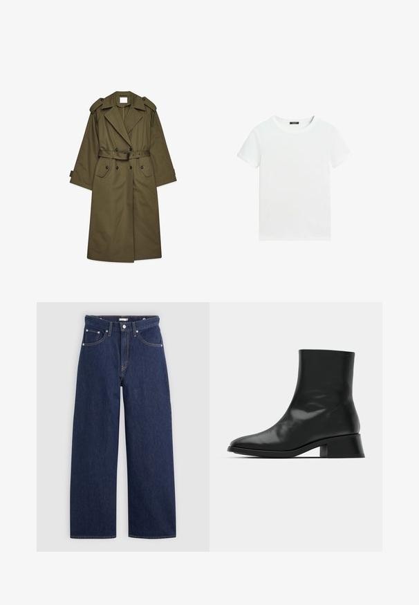 Lang olivengrøn trenchcoat med dobbeltbrystede knapper, brede revers, skulderepauleter, taljebælte og klaplommer.; Almindelig hvid T-shirt med korte ærmer, rund halsudskæring og lille sort label inden i kraven.; Mørkeblå denim brede ben jeans med høj talje, der har fem lommer, bæltestropper og detaljer med kobber stikninger. Glat tekstur.; Sort ankelstøvle lavet af blank læder, med et strømlinet design, spids tå og en moderat blokhælhøjde for stabilitet.