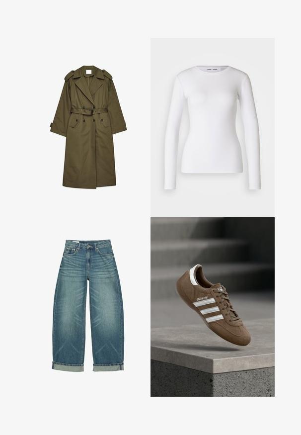Lang olivengrøn trenchcoat med dobbeltbrystede knapper, brede revers, skulderepauleter, taljebælte og klaplommer.; Hvid langærmet skjorte lavet af ribbet stof, med runde udskæring og tætsiddende pasform. Ingen mønstre eller accenter er til stede.; Blå vidde-denim jeans med opkrogede manchetter, frontknap og lynlås lukning samt klassisk fem-lomme design.; Brun ruskind Adidas Spezial sneaker med hvide striber og snørebånd, svævende over en grå betonkantring mod en sløret baggrund af trapper.