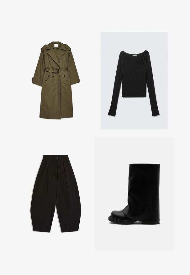 Lang olivengrøn trenchcoat med dobbeltbrystede knapper, brede revers, skulderepauleter, taljebælte og klaplommer.; Sort langærmet top lavet af blødt stof, der har et drapert design med crossover-foran og bådudskæring. Glat tekstur, cropped længde.; Sorte bukser med vide ben og høj talje, lukkes foran med knapper og snørelukning, med en afsmalnende ankel.; Sort høj læderstøvle med bred, løs øvre skaft og en tyk, rundet sål på hvid baggrund.