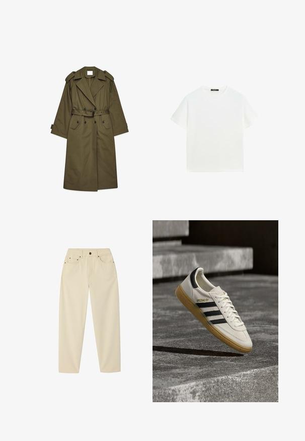 Lange olijfgroene trenchcoat met dubbele knopen, brede revers, schouderepauletten, een ceintuur in de taille en klepzakken.; Effen wit T-shirt met korte mouwen en een ronde hals, rechte zoom en een klein zwart label aan de binnenkant van de kraag.; Beige rechte broek met hoge taille, voorzien van een knoop aan de voorkant, rits, riemlussen en vijf zakken.; Witte Adidas Spezial sneaker met zwarte strepen en gumzool, zwevend boven grijze stenen trappen buiten.