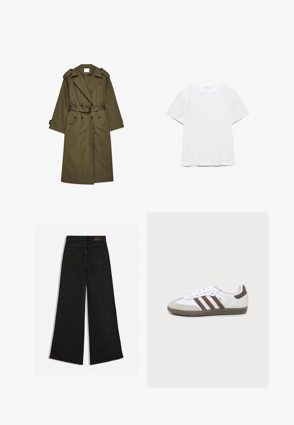 Langer olivgrüner Trenchcoat mit doppelreihigen Knöpfen, breiten Revers, Schulterepauletten, einem taillierten Bund und Klappentaschen.; Unifarbenes weißes T-Shirt mit kurzen Ärmeln und Rundhalsausschnitt, gerader Saum, dargestellt auf weißem Hintergrund.; Schwarze Jeans mit weitem Bein, von hinten gezeigt, mit zwei Gesäßtaschen und Gürtelschlaufen am Bund.; Weißer und brauner Adidas Samba Sneaker mit drei braunen Streifen, Schnürsenkeln und strukturierter Sohle, von der Seite auf einem einfarbigen Hintergrund gezeigt.