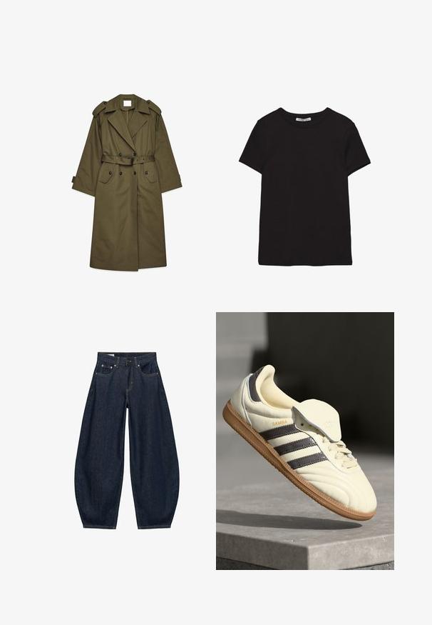 Lange olijfgroene trenchcoat met dubbele knopen, brede revers, schouderepauletten, een ceintuur in de taille en klepzakken.; Zwart katoenen T-shirt met korte mouwen, ronde hals, standaard pasvorm en zichtbaar binnenlabel in de nek.; Donkerblauwe denim jeans met wijde pijpen, voorzakken, riemlussen en een knoopsluiting in de taille.; Crème leren sneaker met drie donkere strepen, een bruine gumrubberen zool en een ronde neus. Voorzien van een opvouwbare tong met het label "SAMBA."