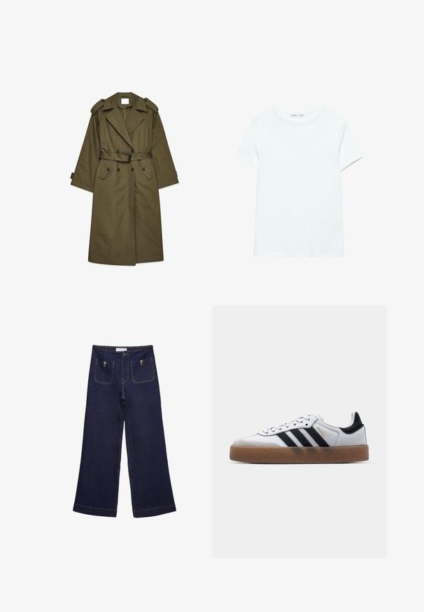 Langer olivgrüner Trenchcoat mit doppelreihigen Knöpfen, breiten Revers, Schulterepauletten, einem taillierten Bund und Klappentaschen.; Schlichtes weißes Baumwoll-T-Shirt mit kurzen Ärmeln und Rundhalsausschnitt, flach auf weißem Hintergrund dargestellt, ohne sichtbare Muster oder Logos.; Dunkelblaue Jeans mit weitem Bein aus Denim, zwei vorderen Taschen, sichtbaren Nähten und einem Knopfverschluss. Sie haben einen geraden Schnitt und einen ausgefransten Saum.; Weiße Leder Sneakers mit schwarzen Streifen, Gummigummi-Außensohle, runder Zehenform, Schnürverschluss und weichem grauem Wildleder-Zehenkappe.
