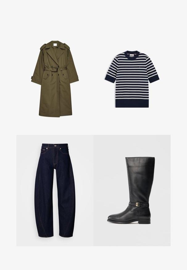 Lange olijfgroene trenchcoat met dubbele knopen, brede revers, schouderepauletten, een ceintuur in de taille en klepzakken.; Navyblauw en wit gestreepte korte mouwen trui met ronde hals en klein logo op de borst.; Donkerblauwe denim jeans met een losse pasvorm, voorzien van een hoge taille, oranje stiksels, klassiek ontwerp met vijf zakken en een knoopsluiting.; Zwarte leren laarzen tot de knie met een gladde textuur, een klein gouden gespdetail, ronde neus en een lage, gestapelde hak. Eenvoudig, strak ontwerp.