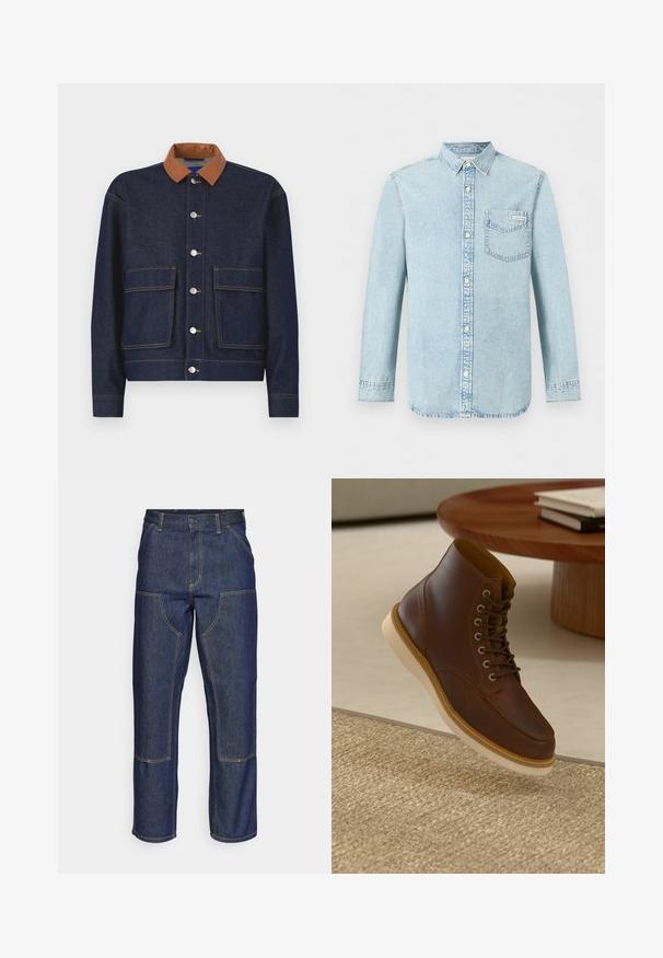 Chaqueta de mezclilla con un collar de cuero sintético marrón, botones a presión plateados y dos bolsillos frontales. Tejido azul oscuro con costuras de contraste.; Camisa de mezclilla azul claro de manga larga con apertura de botones en la parte delantera, un bolsillo en el pecho con el logo de Calvin Klein y cuello puntiagudo.; Jeans de mezclilla azul oscuro con cintura alta, diseño de pierna recta, costuras contrastantes y bolsillos de parche en la parte delantera.; Botín de cuero marrón con suela beige sobre una alfombra beige texturizada al lado de una mesa redonda de madera con libros apilados.