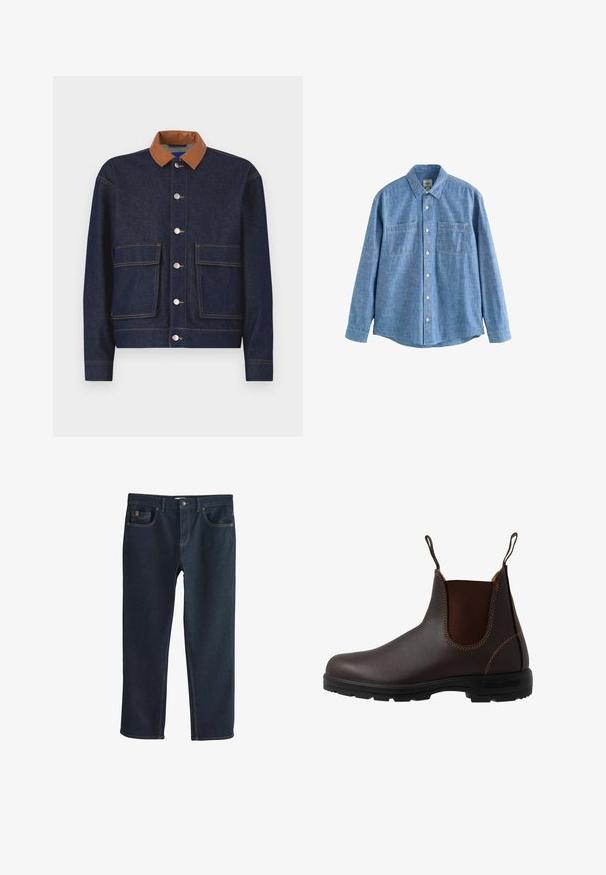Chaqueta de mezclilla con un collar de cuero sintético marrón, botones a presión plateados y dos bolsillos frontales. Tejido azul oscuro con costuras de contraste.; Camisa azul de chambray de manga larga con botones al frente y dos bolsillos en el pecho, desplegada sobre un fondo blanco.; Pantalones vaqueros de mezclilla azul oscuro con un diseño de pierna recta, que cuentan con bolsillos delanteros y detalles sutiles de costura. Textura suave, estilo clásico.; Bota Chelsea de cuero marrón con panel elástico lateral, costuras marrones, tiradores y suela de goma resistente con un patrón texturizado.