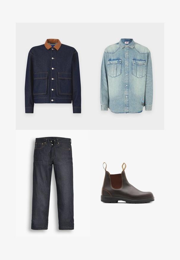 Chaqueta de mezclilla con un collar de cuero sintético marrón, botones a presión plateados y dos bolsillos frontales. Tejido azul oscuro con costuras de contraste.; Camisa de denim azul claro con mangas largas, cierre de botones de presión, cuello puntiagudo, dos bolsillos en el pecho y parche de la marca en el costado inferior.; Vaqueros de mezclilla azul oscuro con un diseño de pierna recta, con costuras en color naranja, estilo clásico de cinco bolsillos y cierre de botón.; Botas Chelsea de cuero marrón con paneles laterales elásticos y tiradores. Parte superior texturizada, suela de goma duradera y detalle de costura en contraste.
