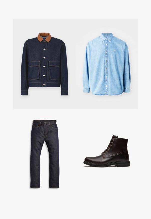 Chaqueta de mezclilla con un collar de cuero sintético marrón, botones a presión plateados y dos bolsillos frontales. Tejido azul oscuro con costuras de contraste.; Camisa de mezclilla azul claro, con botones y mangas largas, cuello puntiagudo y un pequeño logotipo en el lado izquierdo del pecho. Presenta un corte relajado y un diseño clásico.; Vaqueros de denim azul oscuro con corte recto, diseño de cinco bolsillos, herrajes metálicos y costuras naranjas contrastantes. Textura suave, sin patrones visibles.; Bota corta de cuero marrón oscuro con cordones, suela de goma y logo sutil en relieve cerca del talón, vista desde el lado exterior.