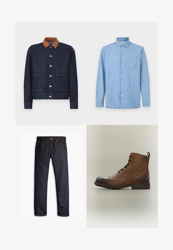 Chaqueta de mezclilla con un collar de cuero sintético marrón, botones a presión plateados y dos bolsillos frontales. Tejido azul oscuro con costuras de contraste.; Camisa de mezclilla azul claro de manga larga con un bolsillo frontal, cierre de botones y cuello clásico sobre un fondo blanco.; Vaqueros de denim azul oscuro con corte recto, diseño de cinco bolsillos, remaches de cobre, costuras amarillas y una tela texturizada distintiva.; Bota de cuero marrón con cordones hasta el tobillo, puntera negra, suela redonda y detalle de marca en el lateral sobre un fondo liso.