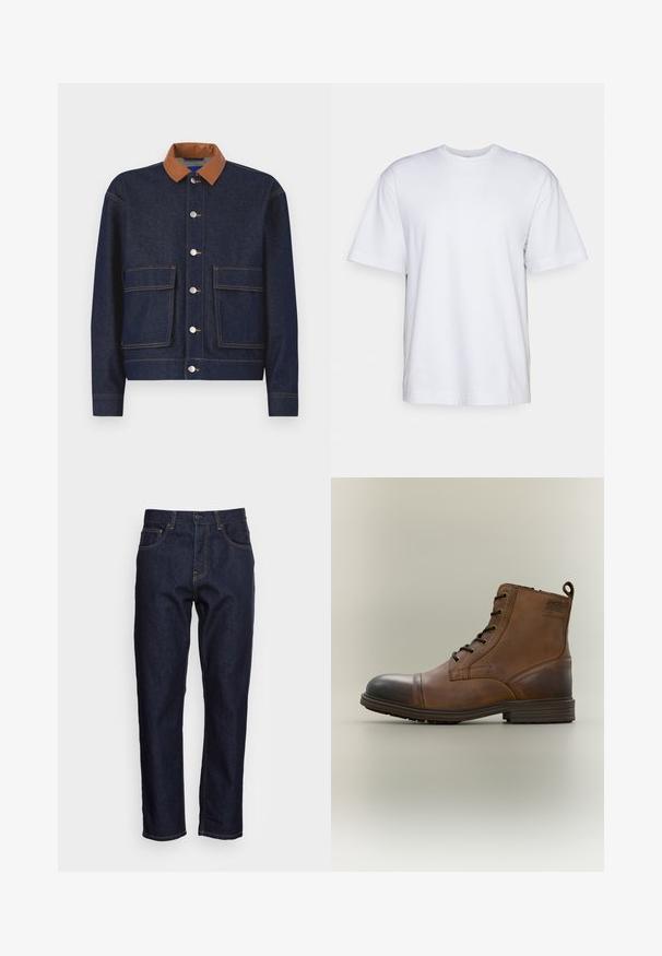 Chaqueta de mezclilla con un collar de cuero sintético marrón, botones a presión plateados y dos bolsillos frontales. Tejido azul oscuro con costuras de contraste.; Filippa K HEAVY CREW NECK TEE - Camiseta básica - white; Vaqueros de mezclilla azul oscuro con corte recto, cinco bolsillos y costuras amarillas en contraste. Diseñados con un cierre clásico de botón y cremallera.; Bota de cuero marrón con cordones hasta el tobillo, puntera negra, suela redonda y detalle de marca en el lateral sobre un fondo liso.