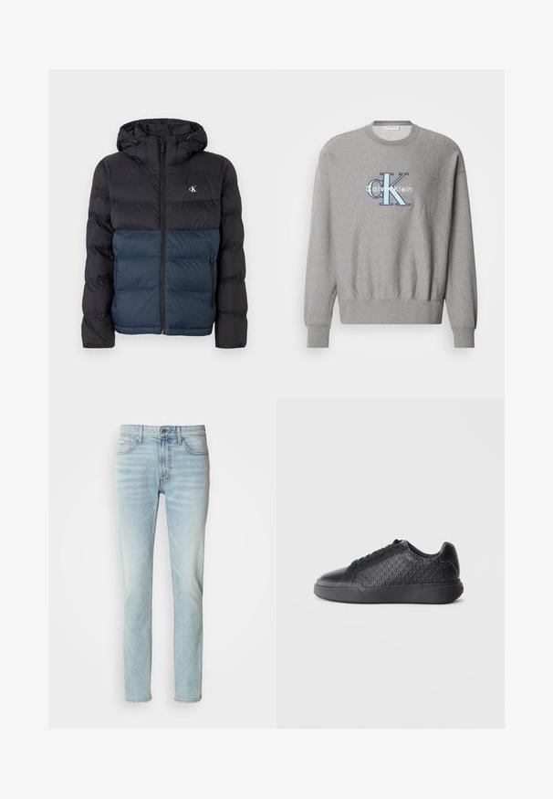 Padded Jacke mit Kapuze, schwarzem oberen Teil und marineblauem unteren Teil, mit Reißverschluss und Logo auf der Brust. Glattes, leichtes Material.; Grauer Sweatshirt mit rundem Halsausschnitt, gerippten Bündchen und Saum, mit einem blauen und weißen "Calvin Klein" Logo in der Mitte. Klassische Passform.; Helle blaue Jeans aus Denim, mit geradem Beinschnitt, mittelhoher Taille und dezentem Verblassen. Enthält fünf Taschen und einen Metallknopf.; Schwarze Sneaker aus strukturiertem Synthetikmaterial, mit einem Diamantenmuster, runder Zehenpartie, flacher Gummisohle und klassischem Schnürdesign.