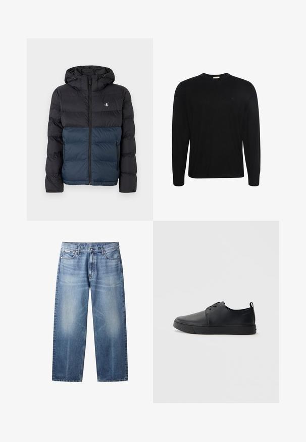 Padded Jacke mit Kapuze, schwarzem oberen Teil und marineblauem unteren Teil, mit Reißverschluss und Logo auf der Brust. Glattes, leichtes Material.; Schwarzer Pullover mit langen Ärmeln und Rundhalsausschnitt, aus dezent strukturiertem Stoff mit kleinem gesticktem Logo auf der linken Brust.; Hellblaue Jeans mit geradem Bein, ausgewaschenen Bereichen, fünf Taschen, Knopfverschluss und Calvin Klein-Label an der rechten Vordertasche.; Schwarze Leder-Sneaker mit glatter Oberfläche, abgerundeter Zehenpartie, gleichfarbiger Nähte, schnürbarem Vorderteil und flacher Gummisohle. Schlaufe an der Ferse.