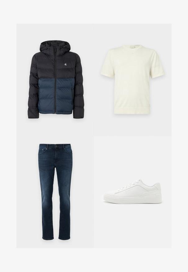 Padded Jacke mit Kapuze, schwarzem oberen Teil und marineblauem unteren Teil, mit Reißverschluss und Logo auf der Brust. Glattes, leichtes Material.; Schlichtes weißes Kurzarm-T-Shirt mit Rundhalsausschnitt, Rippbund und Bündchen, präsentiert vor einem neutralen hellgrauen Hintergrund.; Dunkelblaue Jeans aus Denim mit geradem Schnitt, mittlerer Leibhöhe, fünf Taschen und Stichdetails. Glatte Textur mit leicht ausgebleichten Akzenten.; Weiße Low-Top-Sneaker aus glattem Leder mit runder Schuhspitze, flachen Sohlen und dezentem Branding an der Seite.