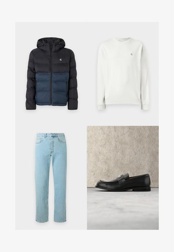 Padded Jacke mit Kapuze, schwarzem oberen Teil und marineblauem unteren Teil, mit Reißverschluss und Logo auf der Brust. Glattes, leichtes Material.; Hellgraues Crewneck-Sweatshirt aus glattem Stoff, mit gerippten Bündchen und Saum, sowie einem kleinen gestickten Logo auf der Brust.; Helle blaue Jeans aus Denim mit geradem Schnitt, fünf Taschen, einem Reißverschluss und einem dezenten Verblassen des Stoffes.; Schwarzer Lederloafer mit einer Metallmarkenplatte, der nahe einem braunen runden Tisch auf beigem Teppichboden ruht.