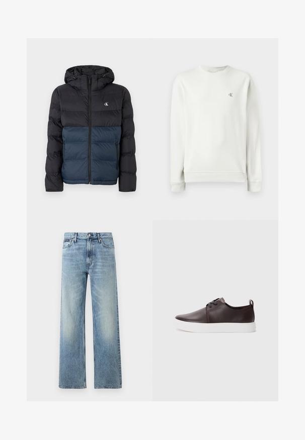 Veste rembourrée avec capuche, moitié supérieure noire et moitié inférieure bleu marine, fermeture éclair et logo sur la poitrine. Tissu lisse et léger.; Sweatshirt gris clair à col rond en tissu lisse, avec des poignets et un ourlet côtelés, arborant un petit logo brodé sur la poitrine.; Jean droit en denim bleu clair avec taille haute, cinq poches, fermeture à boutons et léger délavage sur les cuisses et les genoux.; Baskets en cuir marron avec une finition lisse, semelle en caoutchouc blanche, bout rond et design à lacets. Comprend une languette au niveau du talon.