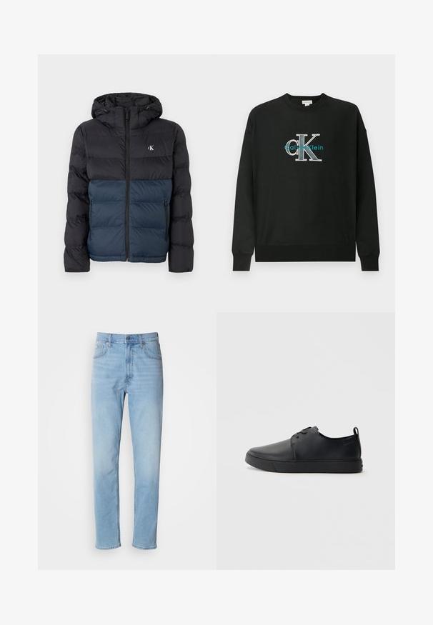 Padded Jacke mit Kapuze, schwarzem oberen Teil und marineblauem unteren Teil, mit Reißverschluss und Logo auf der Brust. Glattes, leichtes Material.; Schwarzer Sweatshirt aus Baumwolle mit Rundhalsausschnitt, langen Ärmeln und einem grafischen "CK"-Logo in Weiß und Türkis auf der Brust.; Hellblaue Jeans mit geradem Schnitt, fünf Taschen und Gürtelschlaufen. Der Stoff hat eine glatte Textur mit einem leichten Verblassungseffekt.; Schwarze Leder-Sneaker mit glatter Oberfläche, abgerundeter Zehenpartie, gleichfarbiger Nähte, schnürbarem Vorderteil und flacher Gummisohle. Schlaufe an der Ferse.