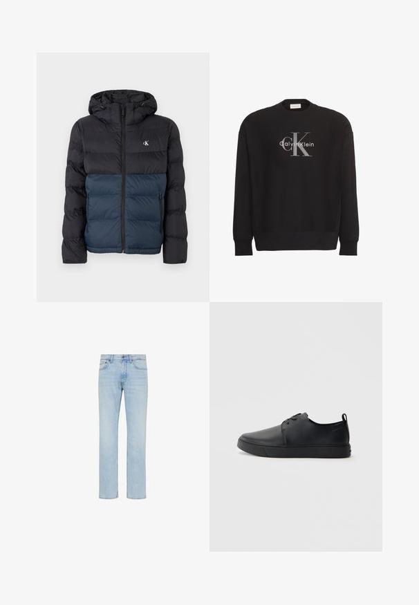 Polstret jakke med hætte, sort topdel og marineblå bunddel, lynlåslukning og logo på brystet. Glat, letvægtsstof.; Sort sweatshirt med lange ærmer med stor grå tekstlogo "cK" og hvidt tekstlogo "Calvin Klein" centreret på forsiden.; Lyseblå straight-leg jeans i denim med forreste knap, lynlås og design med fem lommer vist på hvid baggrund.; Sorte lædersneakers med en glat finish, rund tå, tonalt syning, snøring foran og en flad gummisål. Løkke ved hælen.