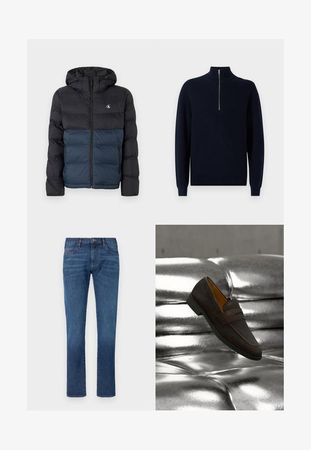 Padded Jacke mit Kapuze, schwarzem oberen Teil und marineblauem unteren Teil, mit Reißverschluss und Logo auf der Brust. Glattes, leichtes Material.; Marineblauer Strickpullover mit hohem Kragen und Viertelreißverschluss. Rippstruktur an Ärmeln und Körper, mit lockerer Passform und standardmäßigen Saum.; Blaue Jeans aus Denim mit geradem Bein, ausgestattet mit klassischem Fünf-Taschen-Design und Knopfverschluss. Dezentes Ausbleichen über der Stoffstruktur.; Brauner Leder-Loafer mit einer flachen schwarzen Sohle, vor einem glänzenden, gesteppte metallisch-silbernen Kissenhintergrund platziert.
