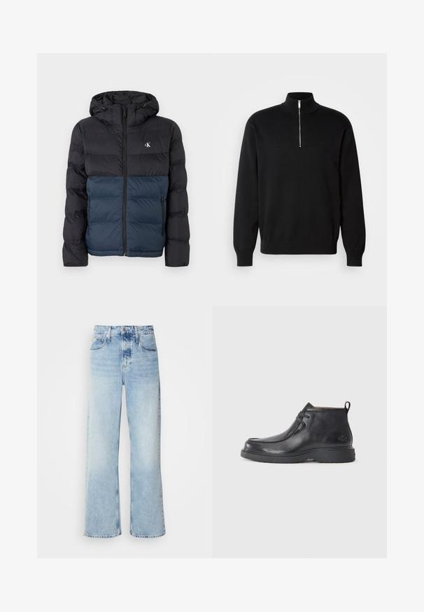 Chaqueta acolchada con capucha, mitad superior negra y mitad inferior azul marino, cierre de cremallera y logo en el pecho. Tela suave y ligera.; Sweater negro con cuello alto y cierre tipo cremallera, fabricado en tejido suave. Presenta mangas largas y un logo sutil en el pecho.; Vaqueros de pierna ancha en azul claro con una alta cintura, que presentan un acabado desgastado, cinturillas y un clásico diseño de cinco bolsillos. El dobladillo es sin acabar.; Botas de cuero negras hasta el tobillo con punta redondeada, diseño con cordones y una lengüeta en la parte trasera. Parte superior texturizada y suela de goma.