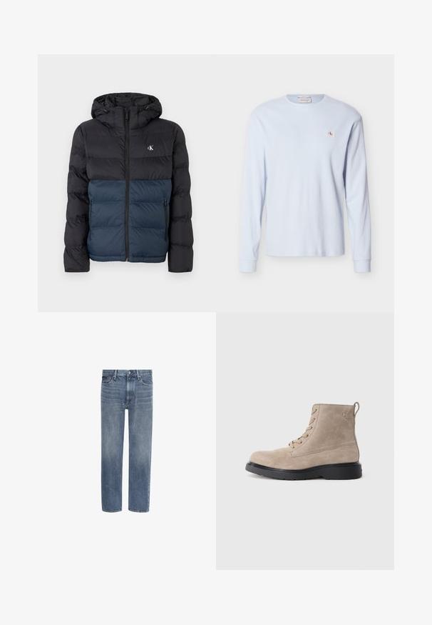 Padded Jacke mit Kapuze, schwarzem oberen Teil und marineblauem unteren Teil, mit Reißverschluss und Logo auf der Brust. Glattes, leichtes Material.; Hellblaues Langarmshirt aus Waffelstrick mit Rundhalsausschnitt, gerippten Bündchen und kleinem roten und weißen "CK"-Logoaufnäher auf der linken Brust.; Gerade geschnittene blaue Denim-Jeans mit Vordertaschen, Gürtelschlaufen und Knopfverschluss.; Beige Wildleder-Ankle Boots mit schwarzer Gummisohle, Schnürdesign und kleinem, seitlich eingeprägtem Logo, ausgestattet mit einer Zuglasche am Hinterkopf.