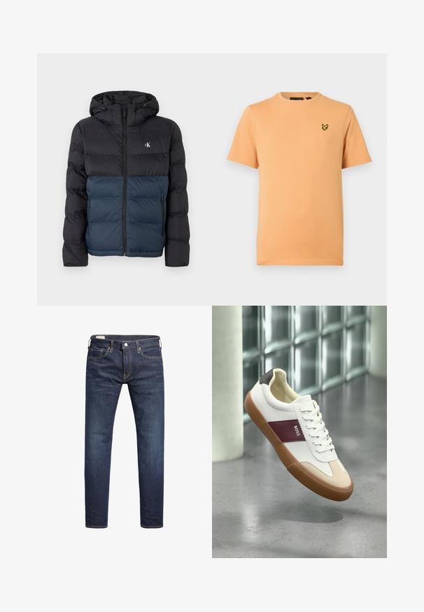 Padded Jacke mit Kapuze, schwarzem oberen Teil und marineblauem unteren Teil, mit Reißverschluss und Logo auf der Brust. Glattes, leichtes Material.; Kurzärmliges T-Shirt aus weicher, pfirsichfarbener Baumwolle. Verfügt über einen runden Halsausschnitt und ein kleines, gelbes, gesticktes Logo auf der linken Brust.; Dunkelblaue Slim-Fit-Jeans mit vorderem Knopf- und Reißverschluss, fünf Taschen und gelben Nähdetails.; Weißer Sneaker mit niedrigem Schaft, brauner Sohle, weinrotem Streifen mit der Aufschrift "BOSS", beigen Zehenakzenten und schwarzer Ferse, der über einem grauen Boden schwebt.