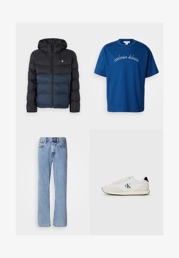 Veste rembourrée avec capuche, moitié supérieure noire et moitié inférieure bleu marine, fermeture éclair et logo sur la poitrine. Tissu lisse et léger.; T-shirt en coton bleu avec un col rond et des manches courtes, portant "calvin klein" élégamment brodé en cursif blanc sur la poitrine.; Jean en denim bleu clair avec une coupe droite, cinq poches et une fermeture à bouton. Détails de couture près des poches et de la taille.; Baskets blanches en matériaux en suède et en tissu. Présentent un accent de talon noir, un design à lacets et un petit logo noir sur le côté.