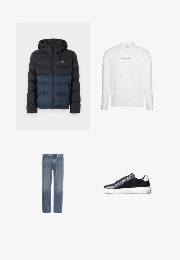 Gevoerde jas met een capuchon, met een zwarte bovenhelft en een marineblauwe onderhelft, ritssluiting en logo op de borst. Gladde, lichtgewicht stof.; Wit shirt met lange mouwen en ronde hals met "Calvin Klein" in het zwart gedrukt, gecentreerd op de borst.; Blauwe spijkerbroek met rechte pijpen, voorzakken, riemlussen en een knoopsluiting.; Zwarte leren sneakers met een gladde textuur, witte rubberen zool, vetersluiting en een contrasterend wit hielaccent.