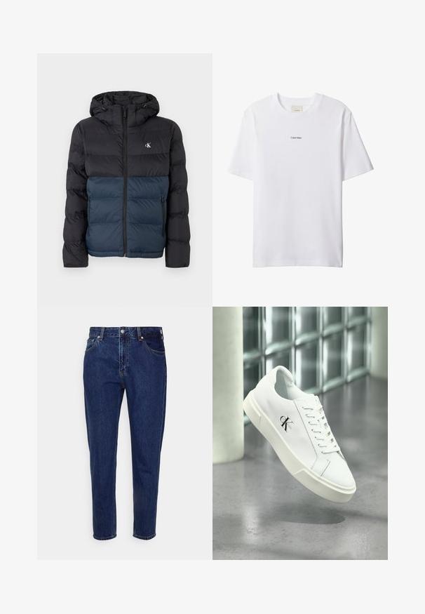 Gevoerde jas met een capuchon, met een zwarte bovenhelft en een marineblauwe onderhelft, ritssluiting en logo op de borst. Gladde, lichtgewicht stof.; Witte katoenen T-shirt met een ronde hals en korte mouwen. Heeft een klein zwart "Calvin Klein"-logo in het midden van de borst.; Donkerblauwe straight-leg spijkerbroek met knoop- en ritssluiting aan de voorkant, riemlussen, en voor- en achterzakken.; Witte Calvin Klein sneaker met veters, zwevend getoond boven een gepolijste betonnen vloer en een achtergrond van glasblokken.