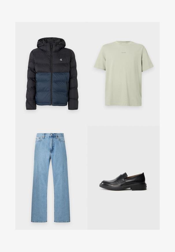 Polstret jakke med hætte, sort topdel og marineblå bunddel, lynlåslukning og logo på brystet. Glat, letvægtsstof.; Lys grøn bomulds t-shirt med rund hals, korte ærmer og et lille Calvin Klein-logo i en mørkere nuance trykt på brystet.; Lyseblå straight-leg jeans i denim med fem-lomme-design og knaplukning i taljen, vist mod en ensfarvet baggrund.; Sorte læder slip-on dress sko med lav hæl og subtil Calvin Klein logo på siden, vist i profil på en hvid baggrund.
