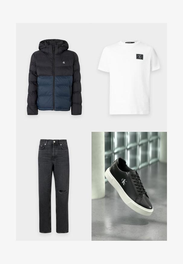 Polstret jakke med hætte, sort topdel og marineblå bunddel, lynlåslukning og logo på brystet. Glat, letvægtsstof.; Hvid kortærmet t-shirt med rund hals, med et lille sort rektangulært mærke på venstre bryst, der har hvidt kridtskrift.; Sorte denim jeans med lige ben, der har et revnet knæ, fem-lomme design og metalbeslag ved taljen og lommerne.; Sort lædersneaker med hvid gummisål og "CK Calvin Klein"-logo på siden, vist mod en baggrund af glasskifter.