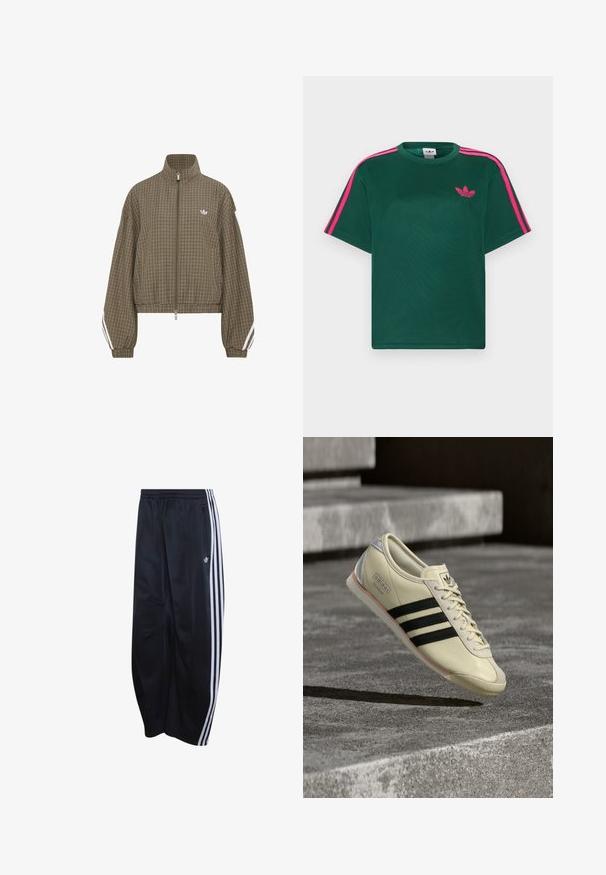 Brun ternet lynlåstrøje med høj krave, elastisk talje, hvide striber på ærmerne og lille hvidt logo på brystet.; Grøn kortærmet t-shirt med lyserøde striber på skuldrene og Adidas trefoil-logo på brystet.; Sorte Adidas træningsbukser med elastisk talje, hvide tredobbelte striber ned langs siden, lynlåslomme og logo på venstre ben.; Adidas Italia sneaker i cremefarvet læder med sorte striber, rundet tå og lysegrå hælaccents på en struktureret grå overflade.