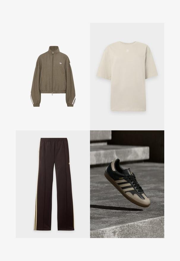 Brun ternet lynlåstrøje med høj krave, elastisk talje, hvide striber på ærmerne og lille hvidt logo på brystet.; Beige T-shirt med korte ærmer lavet af bomuld, med rund hals og lille hvidt Adidas-logo trykt på brystet. Blød tekstur, løs pasform.; Sorte træningsbukser med gule sidelister, elastisk taljebånd, lynlåslommer i siderne og en lille logo på den øvre lår.; Sort og beige lædersneaker med tre hvide striber, tanfarvet gummisål og gyldent "Samba"-detalje på siden.