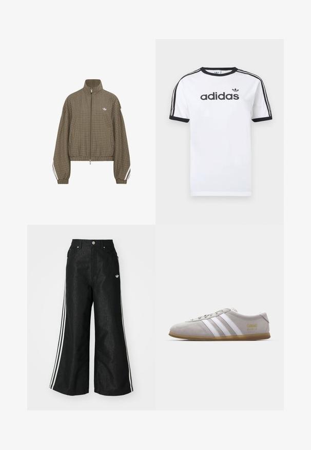 Chaqueta marrón con cremallera y estampado de cuadros, con cuello alto, cintura elástica, rayas blancas en las mangas y pequeño logo blanco en el pecho.; Camiseta blanca de algodón con detalles en negro, presenta un cuello redondo, mangas cortas, tres rayas negras en los hombros y el logo "adidas" en negro.; Pantalones de denim anchos y negros con tres franjas blancas en cada lado y un pequeño logo blanco. Cuenta con bolsillos frontales y un cierre de botón.; Zapatilla de ante gris con rayas de cuero blanco y detalle del logo en dorado. Suela plana de goma, punta redondeada y diseño clásico de cierre con cordones.