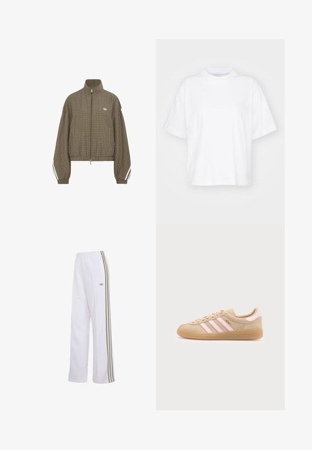 Brown checkered zip-up jacket with high collar, elastic waistband, white stripes on sleeves, and small white logo on the chest.; White cotton t-shirt with a crew neck, short sleeves, and a relaxed fit. Features a subtle logo on the left chest area. Smooth texture.; White track pants with beige three stripes down sides, elastic waistband, side zipper pocket, and small Adidas logo on left thigh.; Beige Adidas Munich sneaker with pink stripes, gum sole, and gold "Munich" text on the side, shown from the inner side on white background.