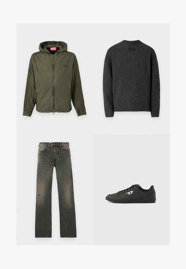Veste à capuche vert olive en tissu léger. Dotée d'une fermeture éclair frontale, de poignets élastiques et de rayures texturées sur les côtés. Logo de la marque visible.; Pull gris foncé en tissu tricoté doux, avec un col rond et des poignets et un ourlet côtelés. Comprend un petit détail de logo à l'arrière.; Jean en denim gris avec une coupe décontractée, doté d'une fermeture à boutons, d'un léger effet délavé, et d'usures discrètes près du genou. Conception à cinq poches.; Baskets synthétiques noires avec une semelle noire texturée, un bout rond et des lacets plats noirs. Logo blanc remarquablement placé sur le côté extérieur.