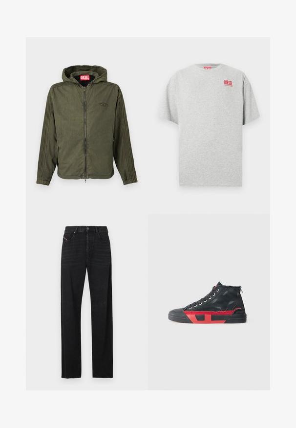 Veste à capuche vert olive en tissu léger. Dotée d'une fermeture éclair frontale, de poignets élastiques et de rayures texturées sur les côtés. Logo de la marque visible.; T-shirt en coton gris avec un col rond et des manches courtes. Présente un petit logo rouge « DIESEL » sur la poitrine. Texture lisse.; Jean en denim noir avec une coupe droite, des poches avant, et un détail de languette rouge sur la poche gauche. Le tissu présente une légère texture.; Baskets montantes noires avec des accents rouges et une finition usée. Caractérisées par une tige en toile texturée et une semelle en caoutchouc avec un design découpé.