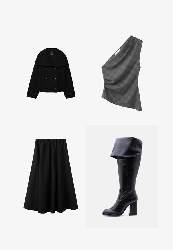 Schwarze, zweireihige, kurz geschnittene Jacke aus Wolle mit großen Revers, zwei Eingrifftaschen vorne und Knopfdetails an den Ärmeln.; Graues asymmetrisches One-Shoulder-Oberteil mit dezidem Karomuster und leichter Raffung an einer Seite, aus weichem Stoff gefertigt.; Schwarzer Midirock mit elastischem Bund und leichtem Ausstellen, aus glattem Stoff, geeignet für Freizeit- oder formelle Anlässe.; Hoher schwarzer Lederstiefel mit Absatz, umgeschlagenem Umschlag und abgerundetem Zehenbereich, steht aufrecht auf weißem Hintergrund.