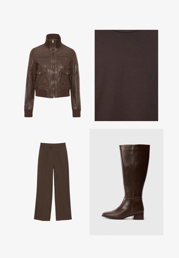 Oxmo OXDENNY - Veste en cuir - chestnut; T-shirt col rond marron foncé en tissu tricoté doux avec une fine texture côtelée.; Pantalon large marron avec un bouton à l'avant et une fermeture éclair dissimulée, présentant des plis marqués le long des jambes.; Botte en cuir brun foncé, haute, avec un petit talon bloc et une finition lisse, vue de profil sur fond blanc.
